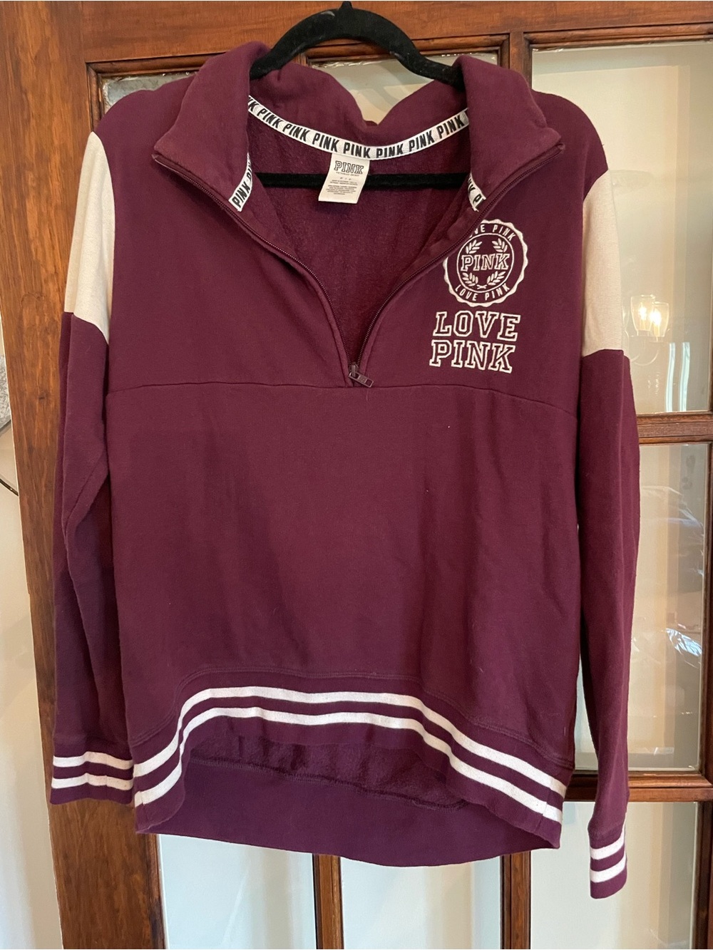 Victoria's Secret PINK Maroon and White Quarter-Zip Pullover Sweater